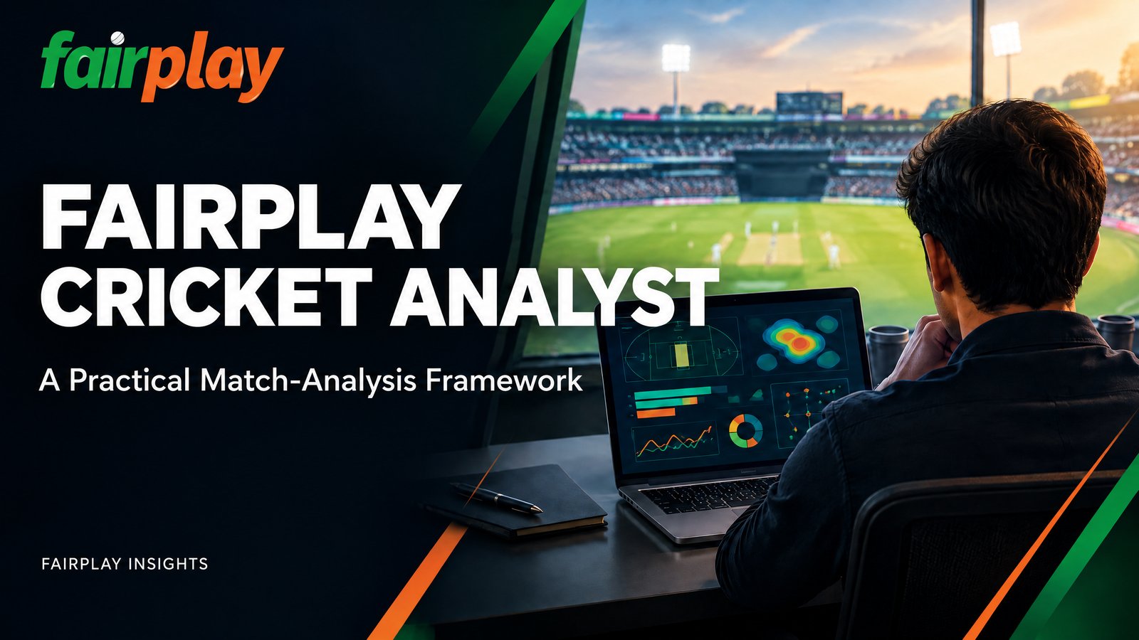 What a Cricket Analyst Does cover showing an anonymous analyst reviewing a laptop beside a cricket field