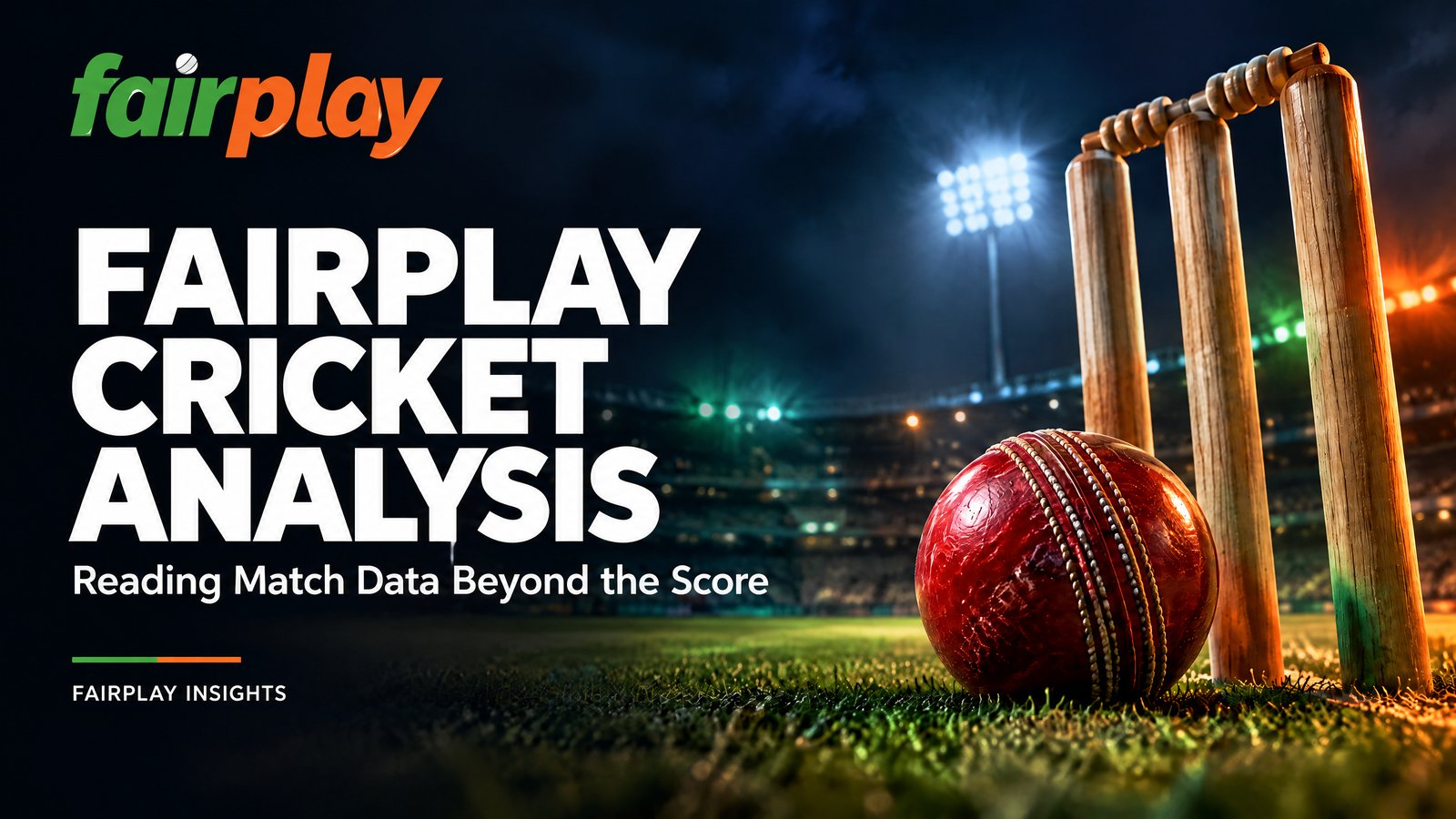 Fairplay Cricket Analysis editorial cover with a cricket ball, stumps and night stadium; independent Fairplay analysis