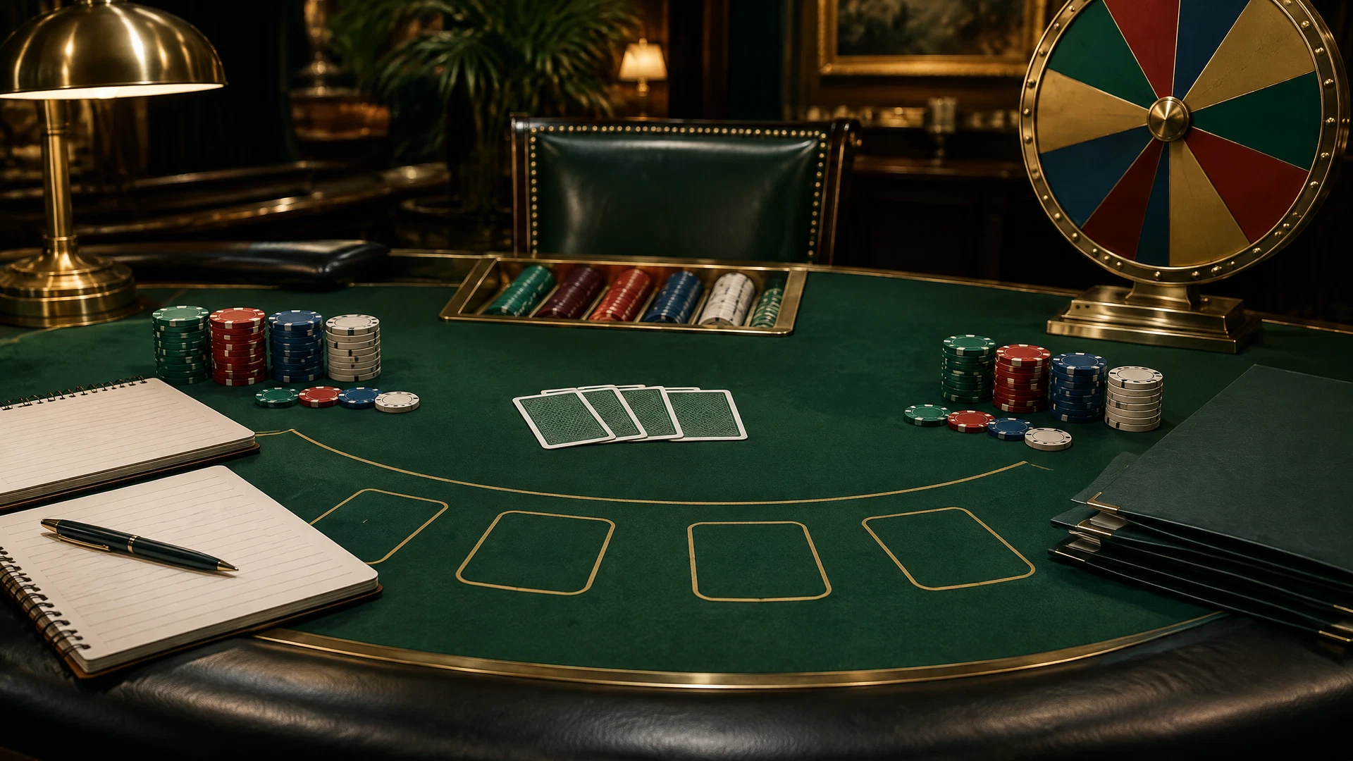 Casino editorial desk where a blackjack layout meets reporter notes, a gaming license dossier, cards, chips, and roulette detail