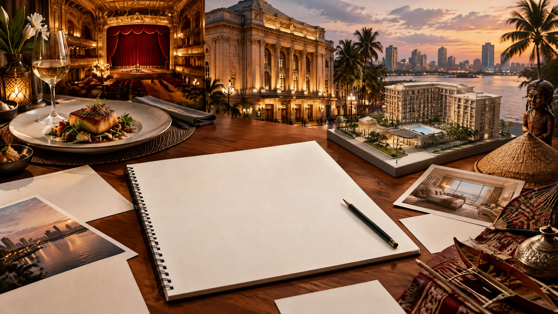 Manila destination-program study with theatre, dining, hotel circulation, and cultural calendar