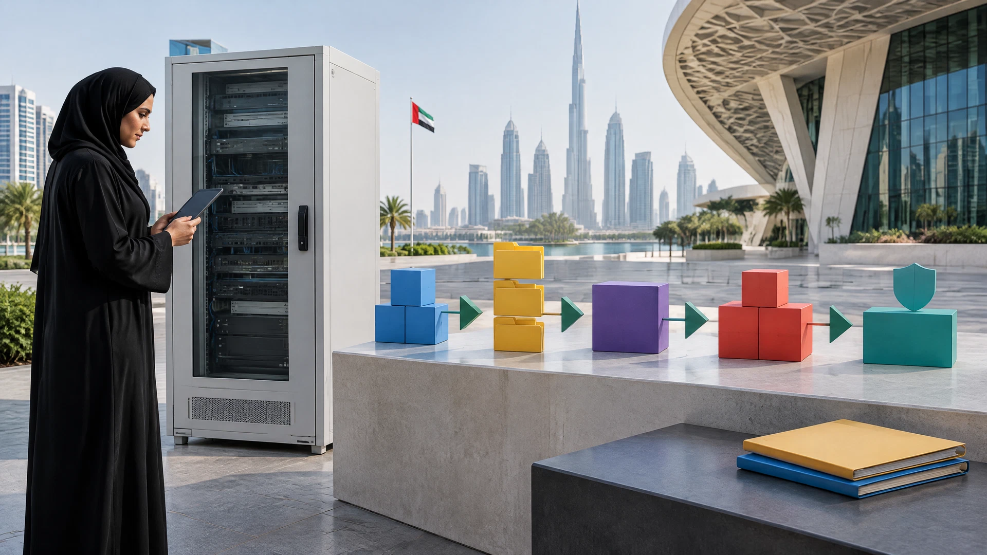 UAE regulatory study with technical equipment cabinet, compliance workflow, and modern civic architecture
