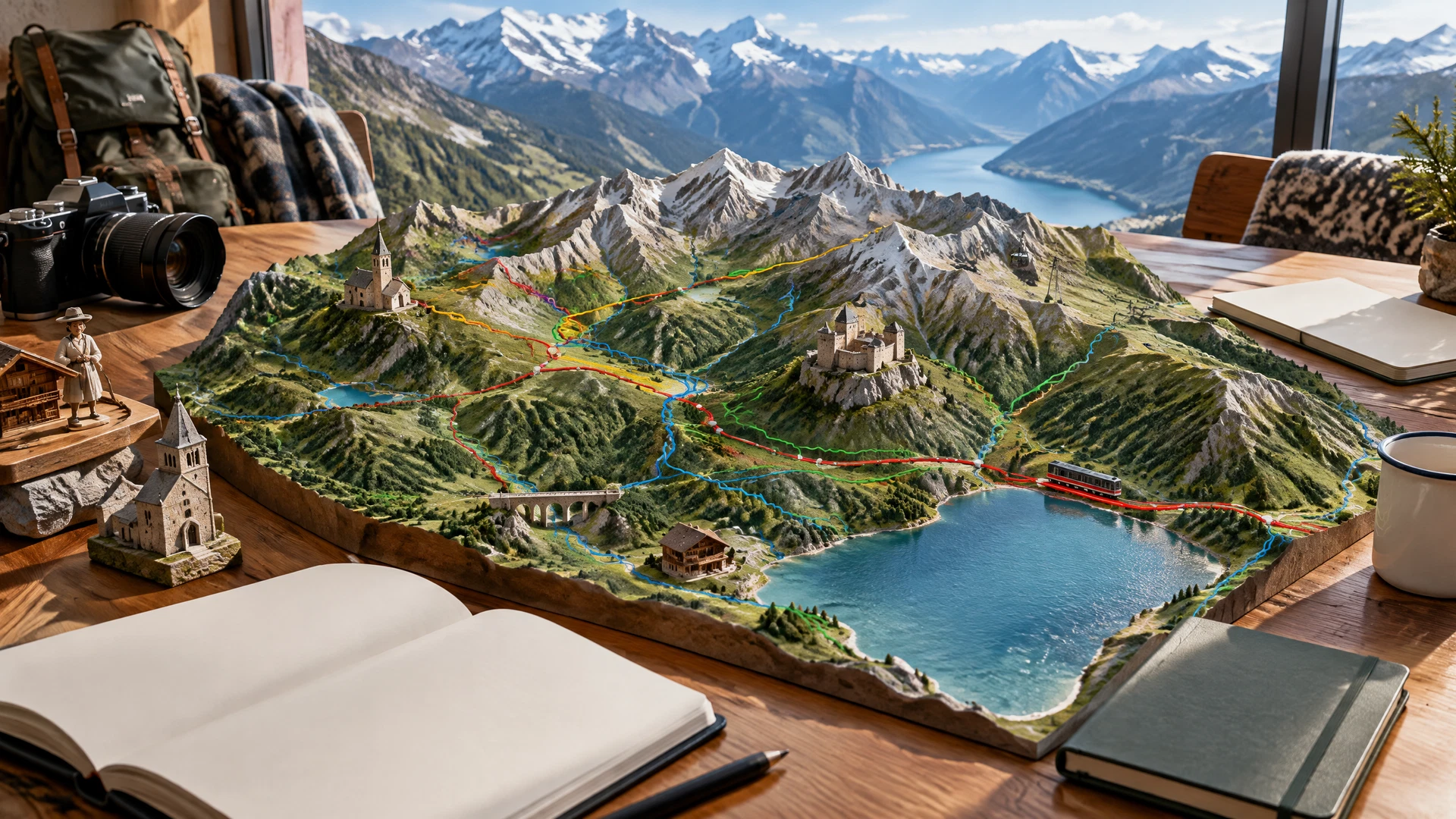 Mountain tourism strategy study with regional map, rail routes, trails, and cultural landmarks