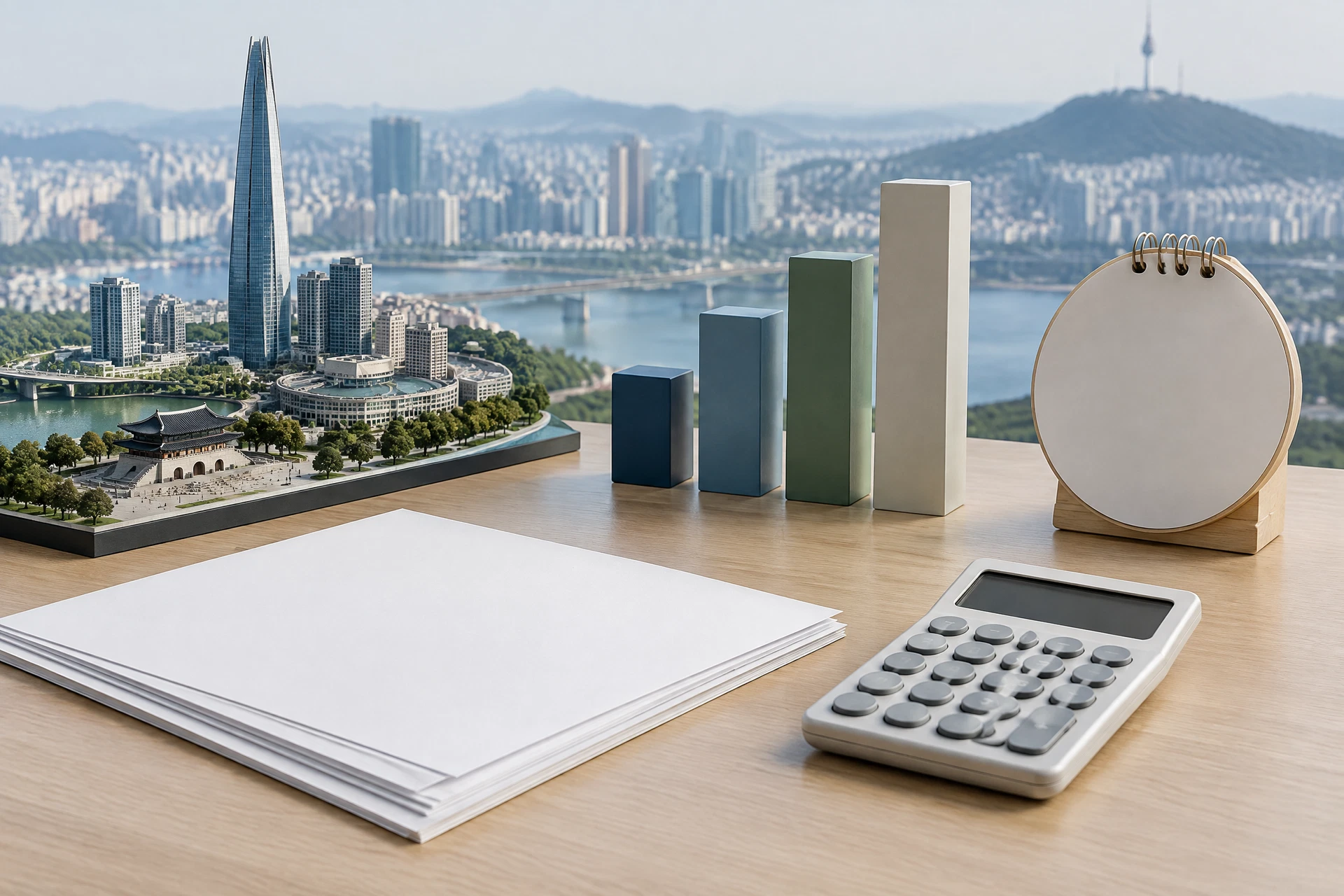 Financial analyst desk with a Seoul venue model, monthly comparison chart, source filings, calculator, and calendar.