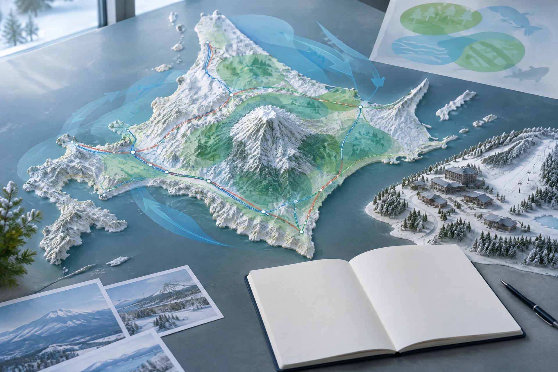 Hokkaido regional planning table with snowy relief map, transport study lines, neutral resort model, environmental overlays, and future calendar marker.