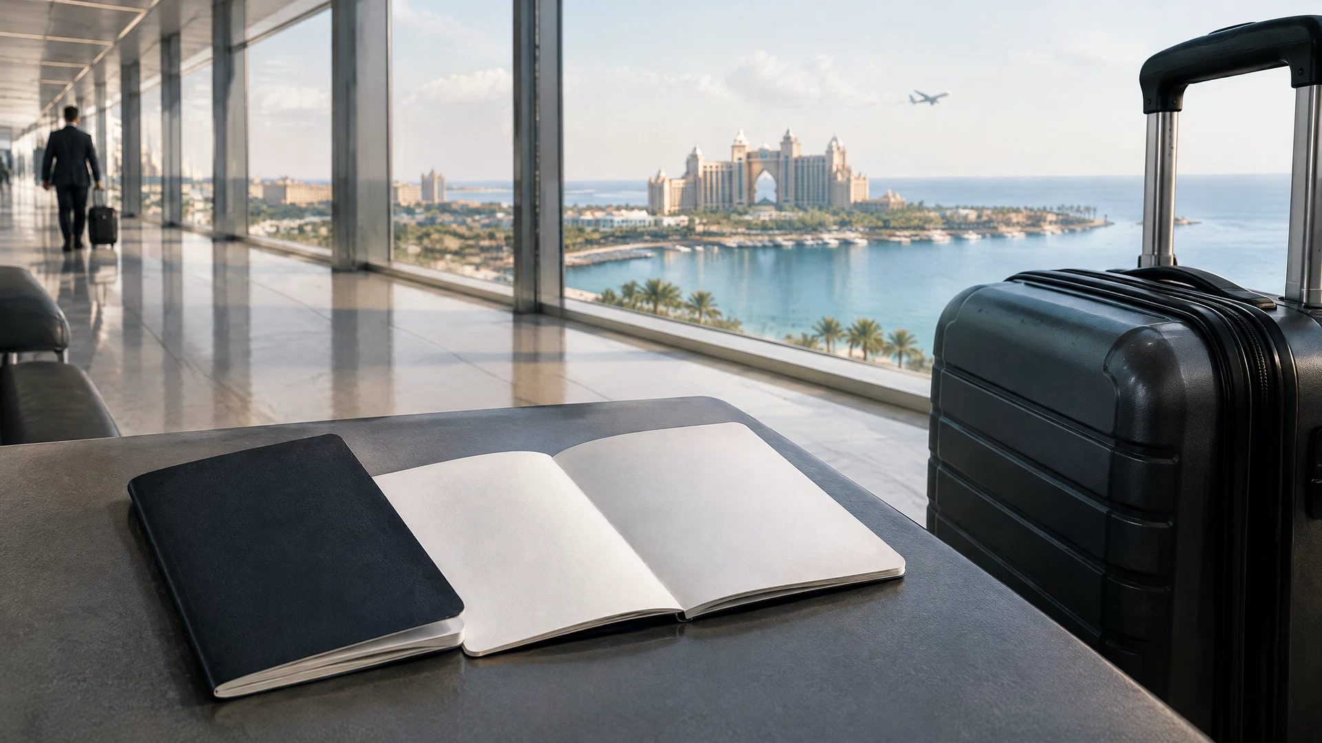 Casino-resort arrivals study with airport route map, immigration proposal folder, and integrated-resort skyline