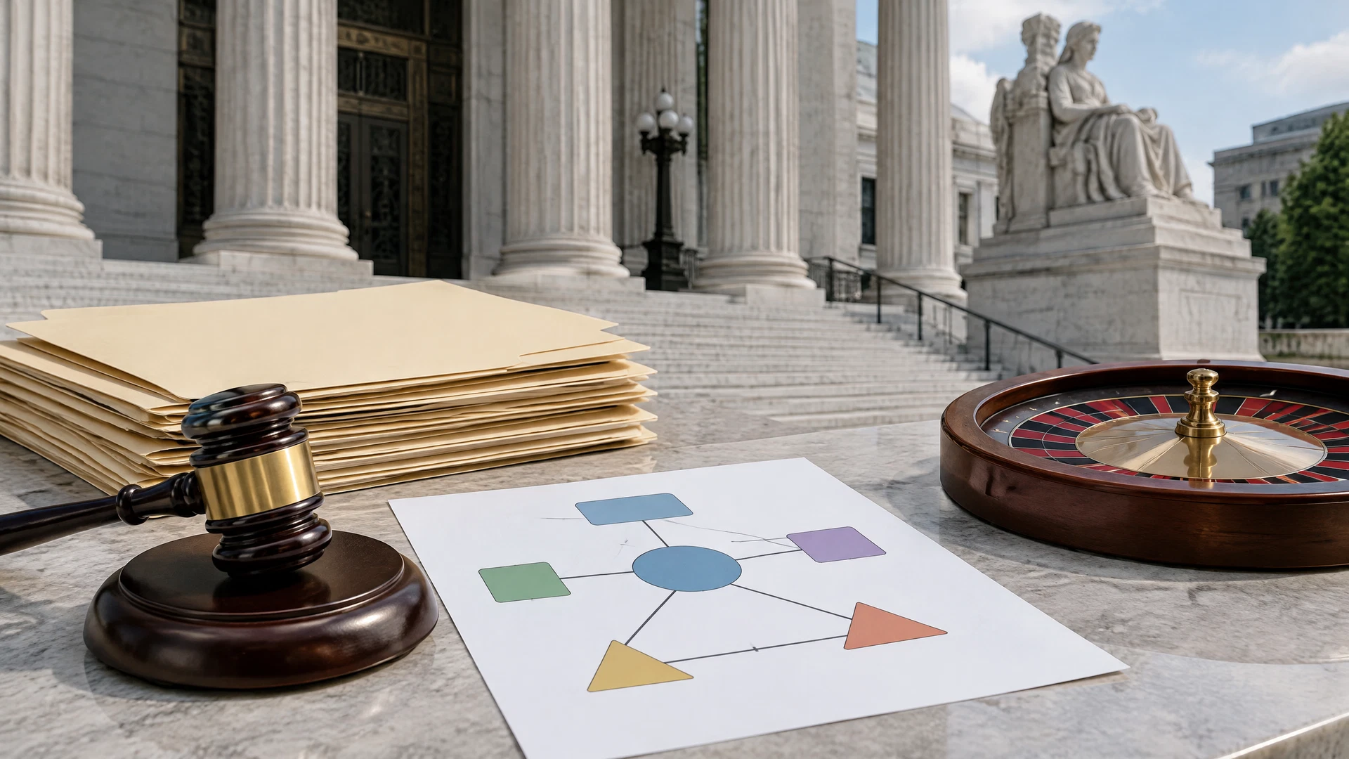 Legal research table connecting courthouse authority, state regulation, casino evidence, and event-contract diagrams