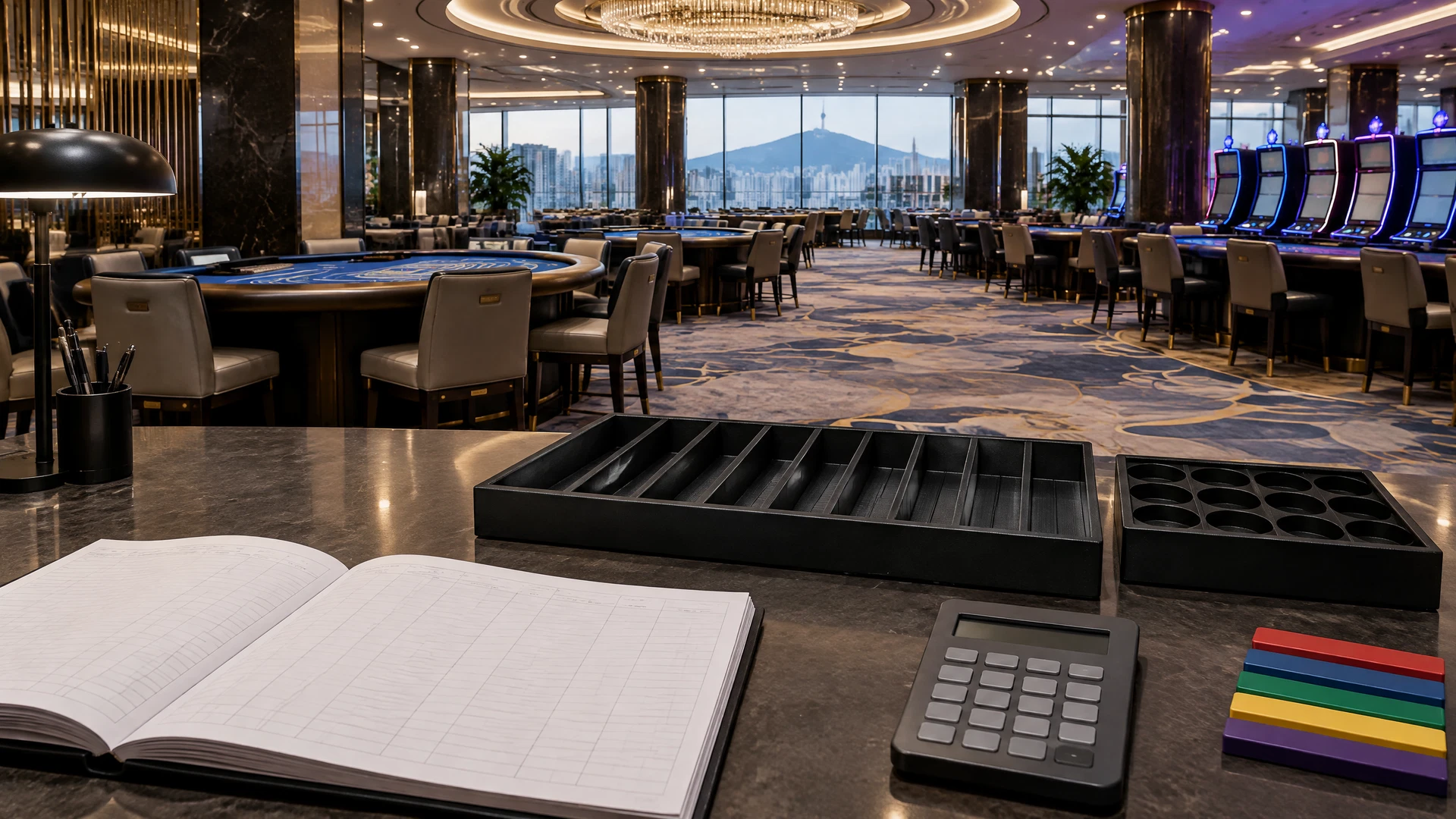Empty South Korean casino floor viewed from an audit desk with revenue ledger and chip inventory tray