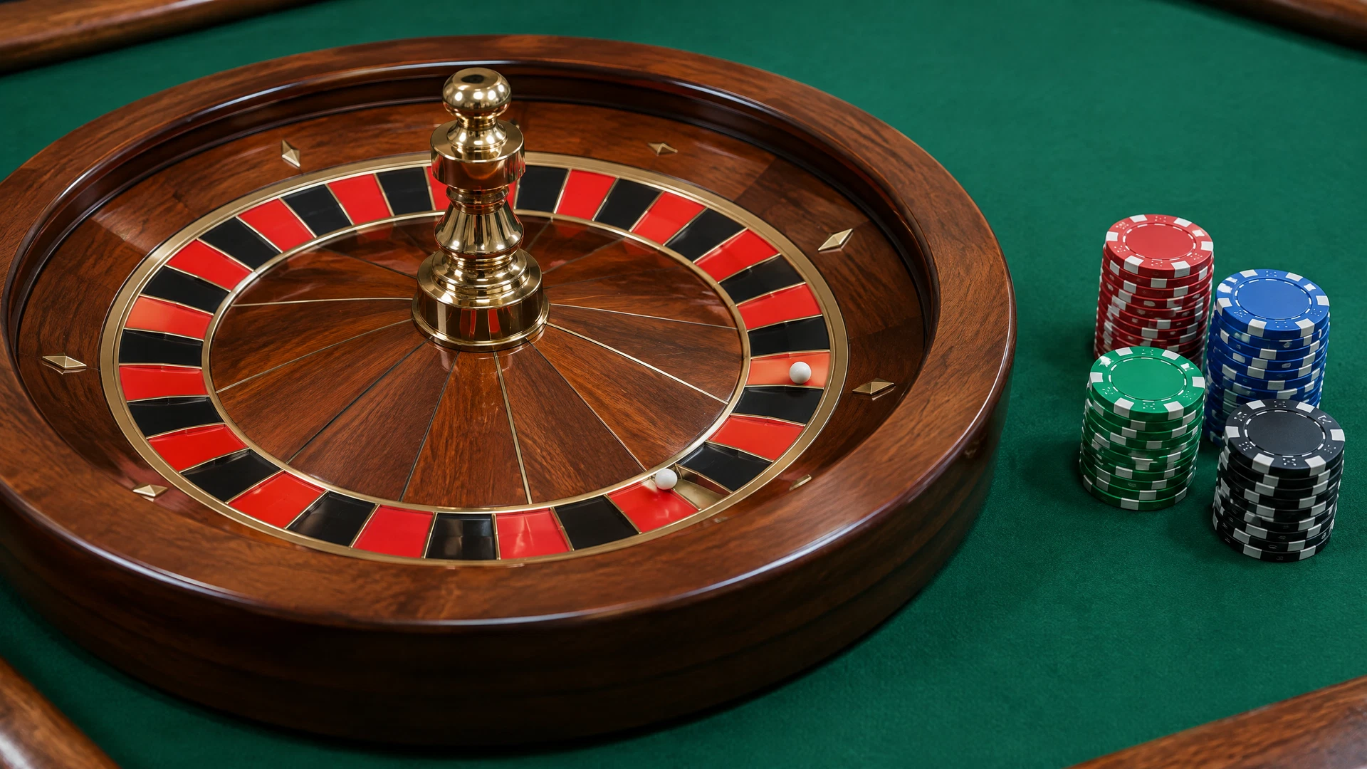European roulette wheel at rest with calibration tools, felt layout edge, and probability notes