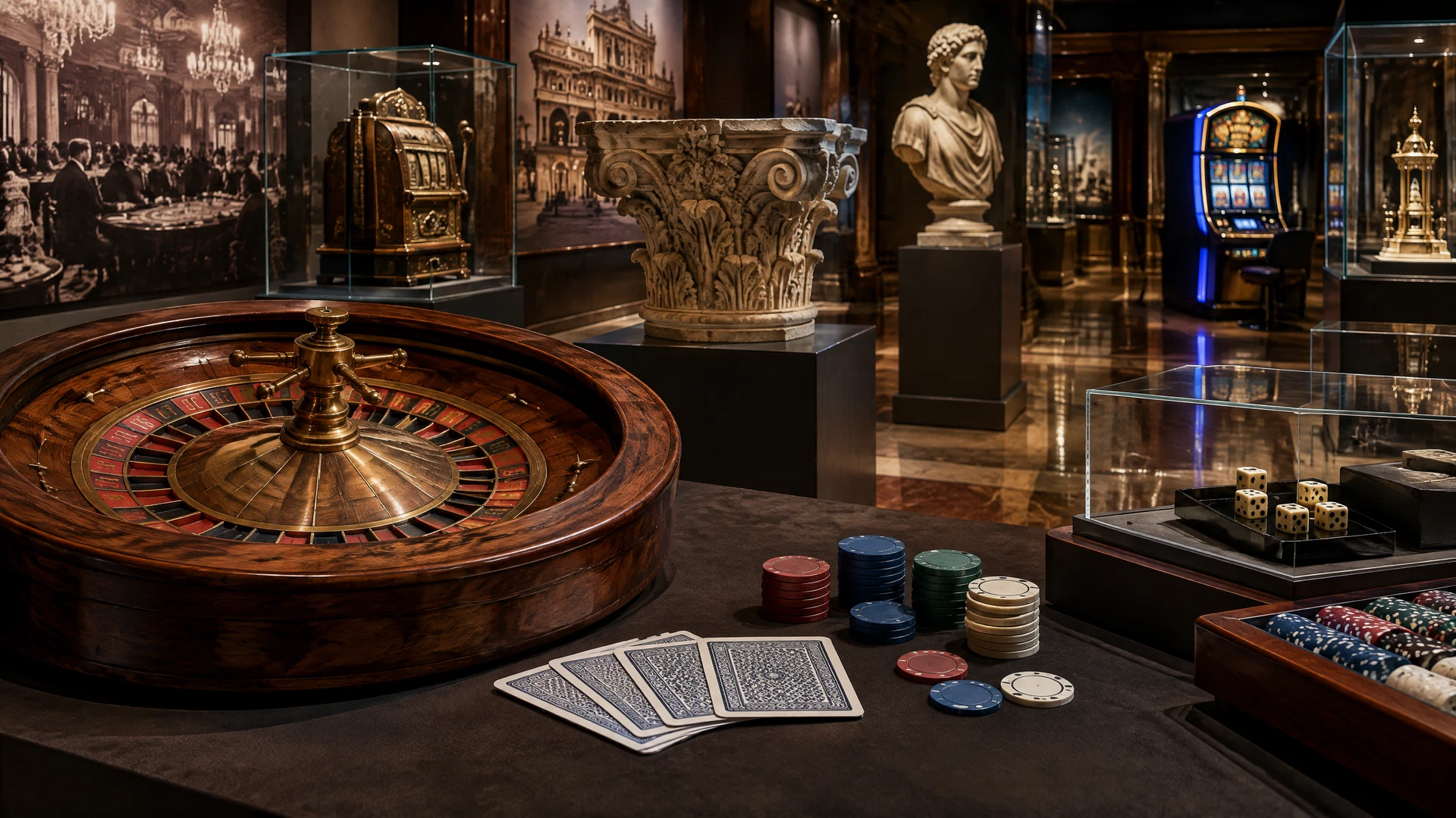 Casino history conservation table with an early roulette wheel, antique cards, mechanical slot reel, dice, blueprint, and archival photographs