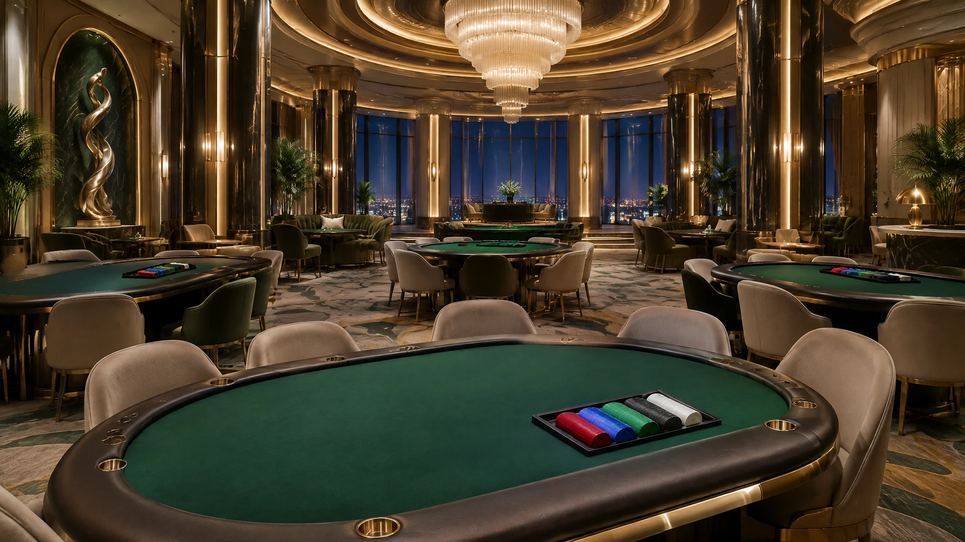 Empty casino interior showing a roulette table, patterned carpet, chandelier, theatre entrance, lounge seating, and artwork