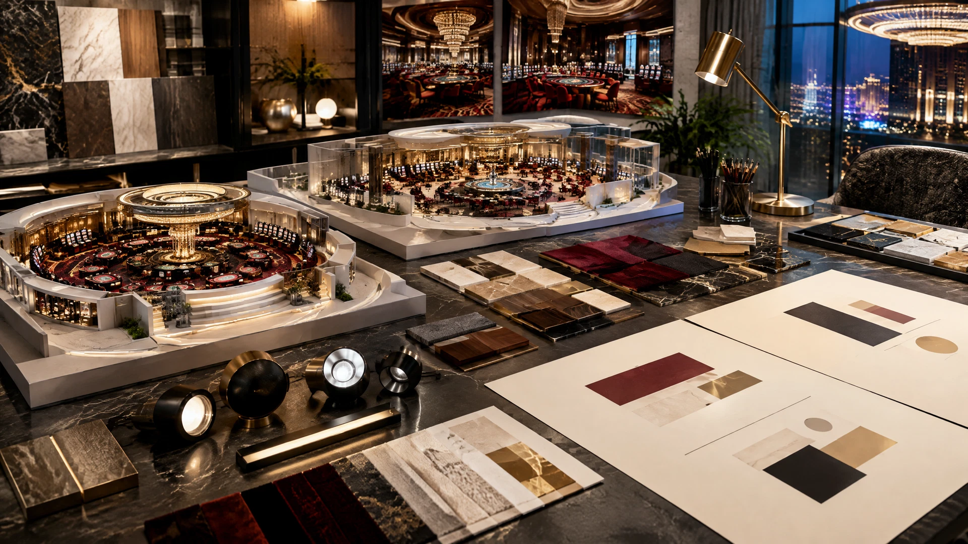 Casino design gallery with framed studies of roulette, card shoes, slot reels, surveillance, carpet patterns, chip trays, and resort architecture