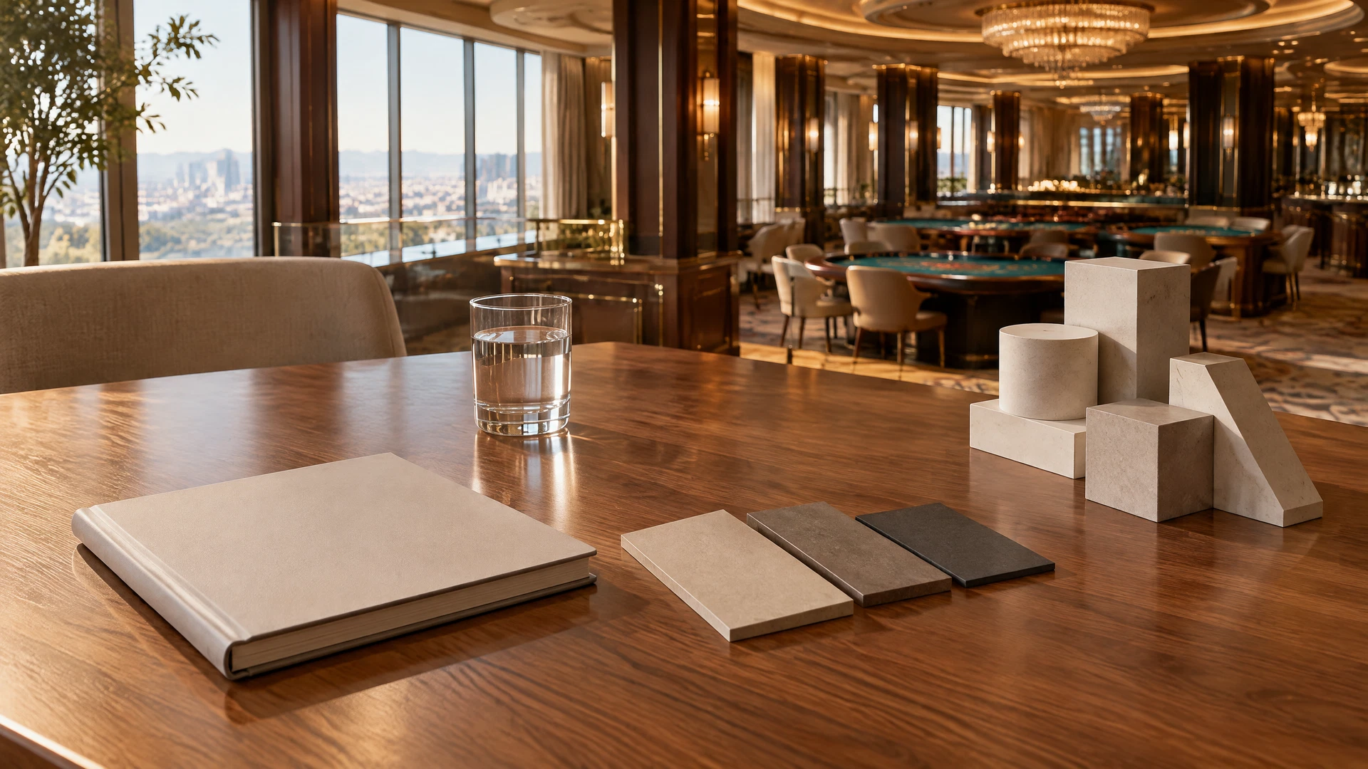 Independent publication studio overlooking an empty casino floor with notebook, recorder, floor plan, chip catalogue, and camera