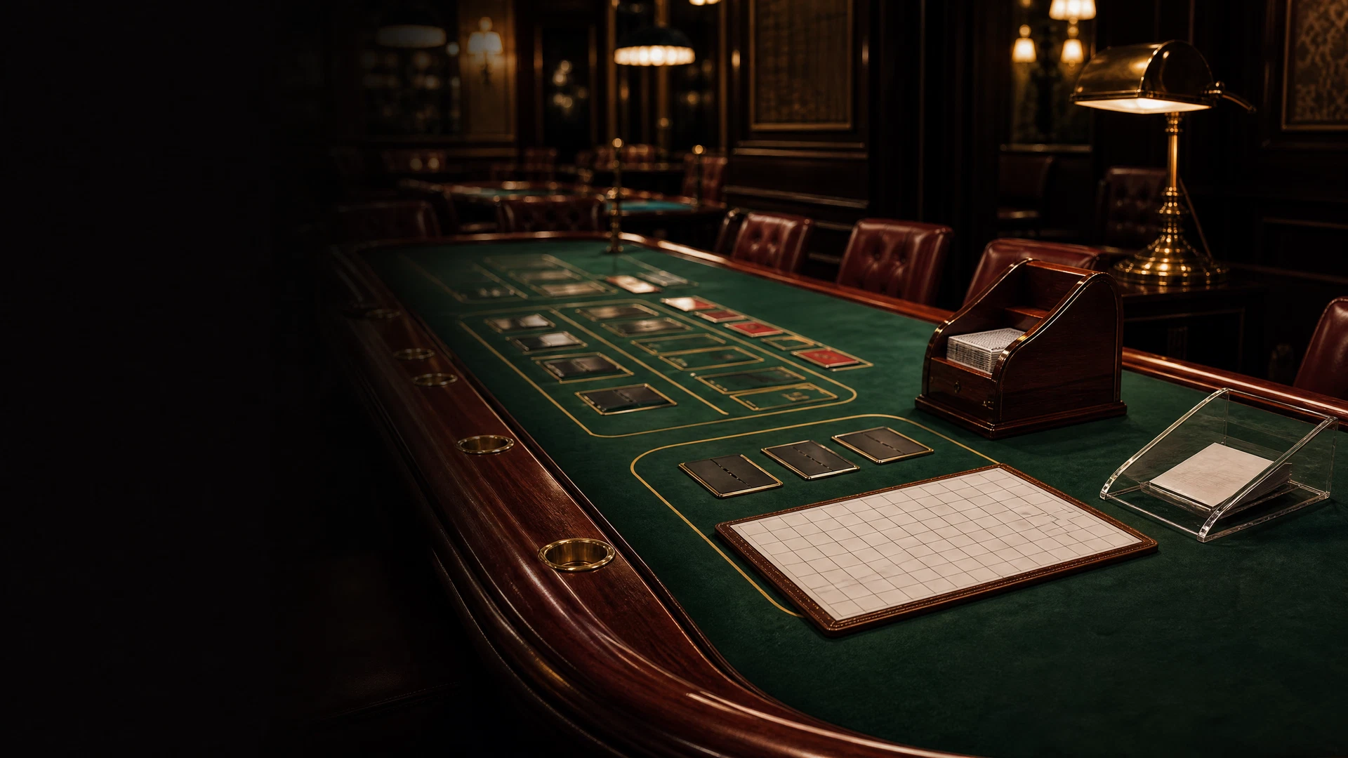 Empty baccarat table with symmetrical Player and Banker zones, card shoe, and score-card grid