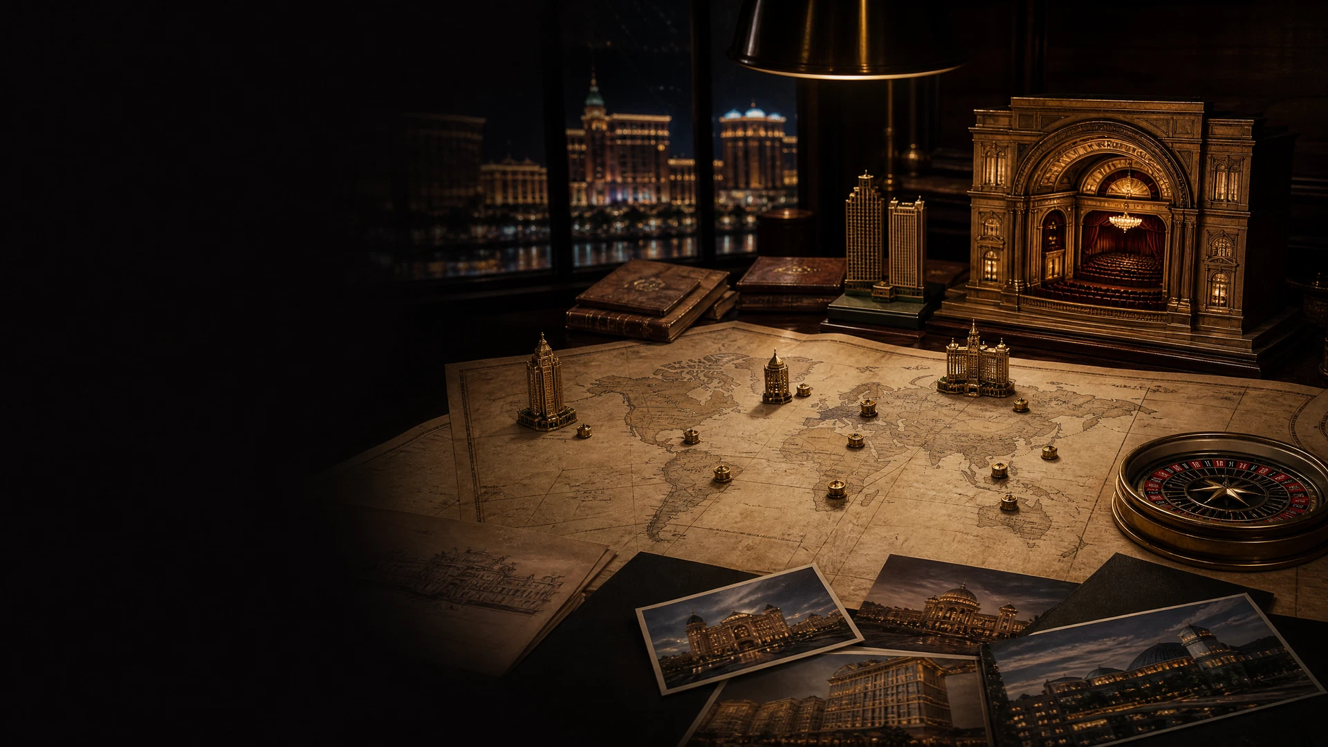 Casino destination study with world map, integrated-resort models, roulette-wheel compass, architectural photographs, and skyline