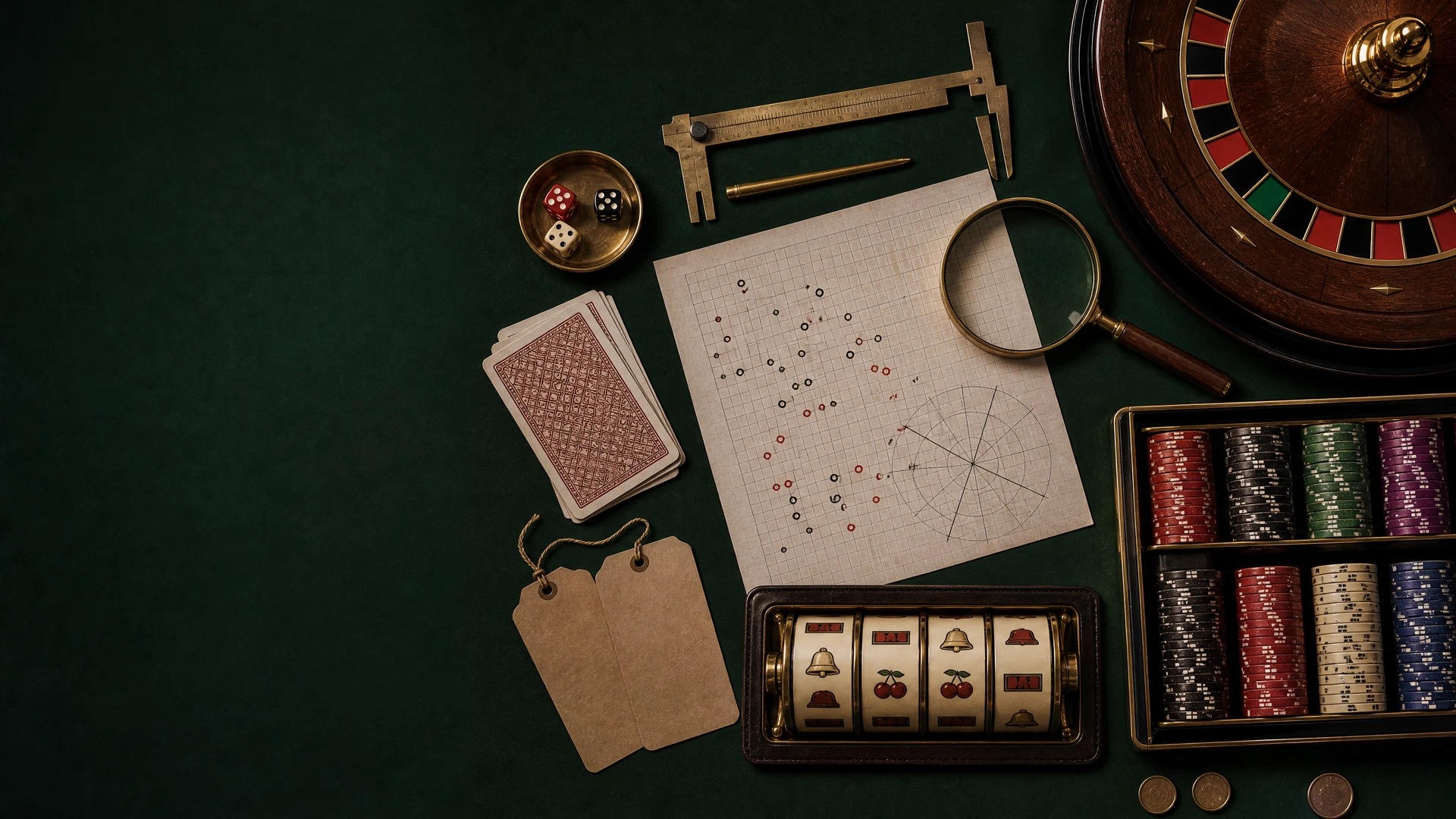 Casino mathematics bench with roulette wheel, cards, dice, slot reel, calipers, graph paper, and evidence tags