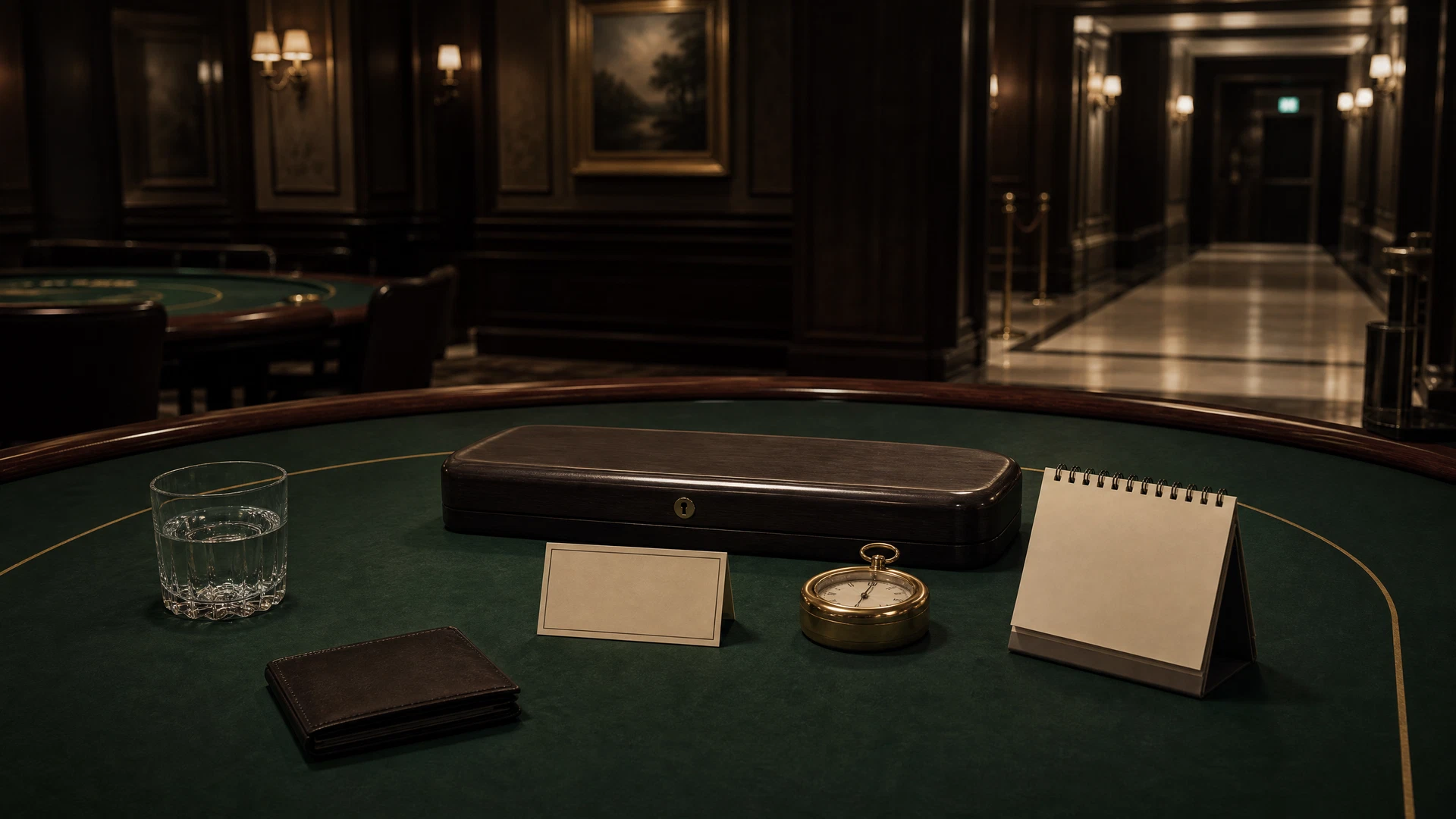 Quiet casino table with closed chip rack, timer, limit card, closed wallet, and clearly lit exit path